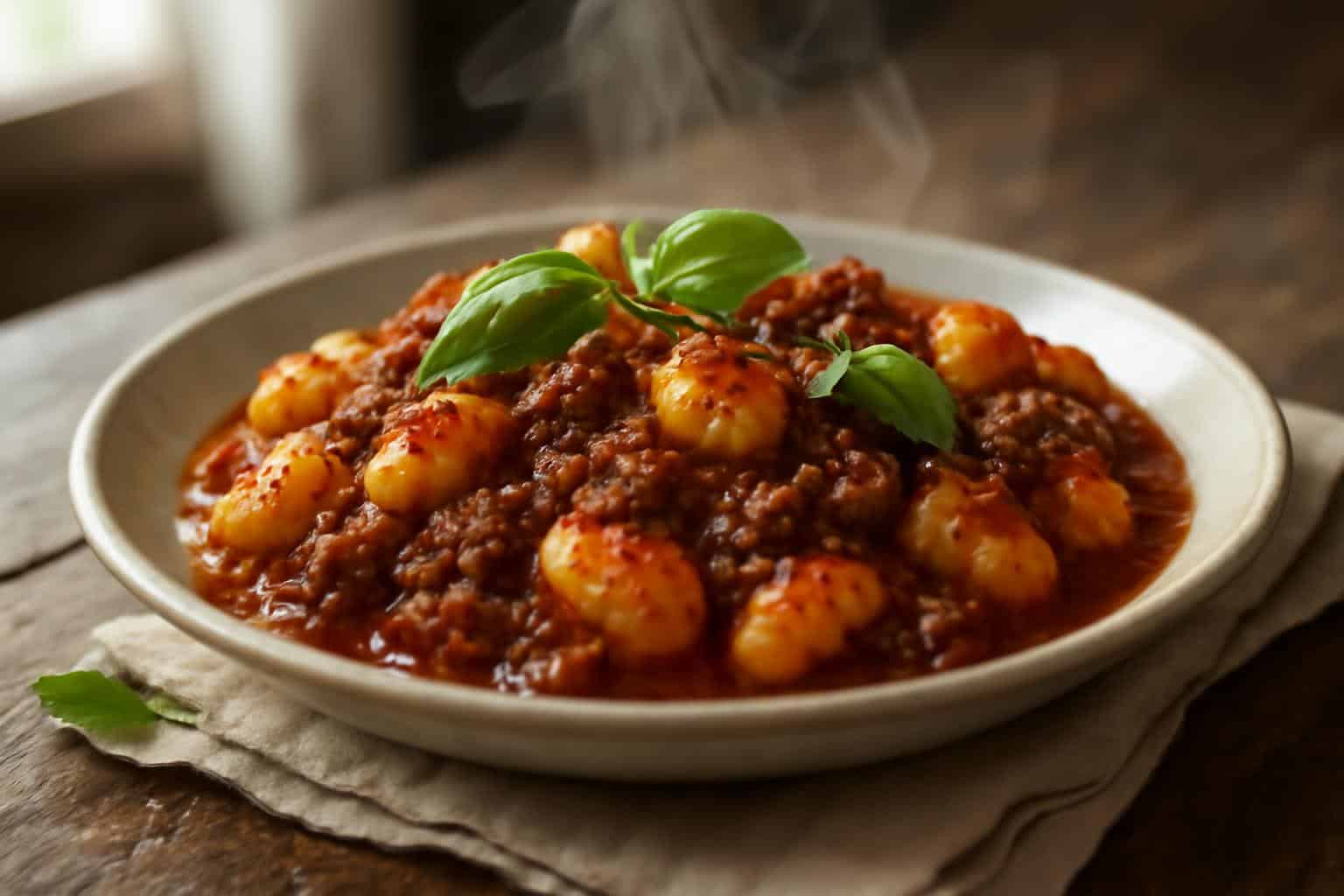 One pan ground beef gnocchi served in a rustic bowl with basil garnish and Parmesan cheese