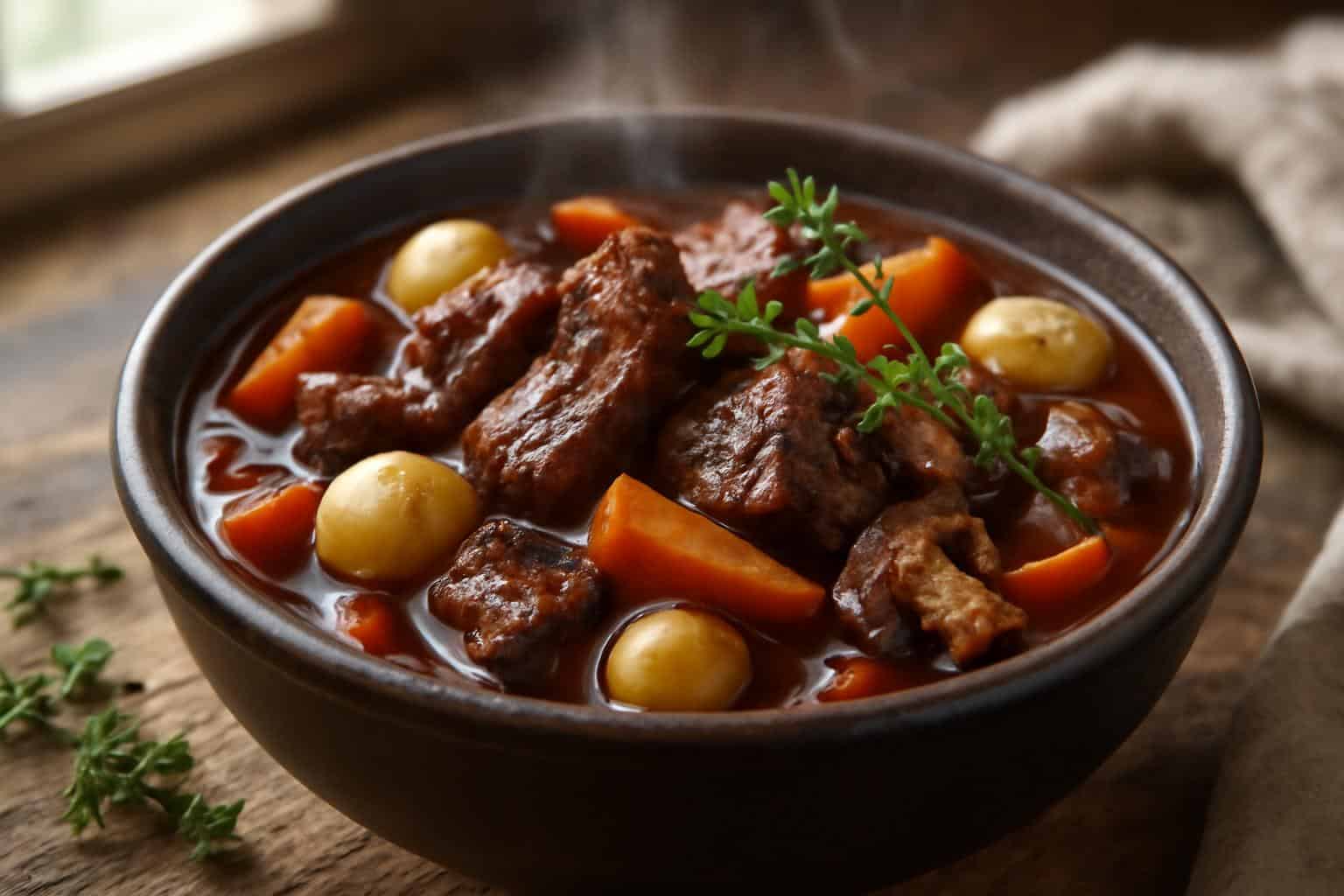 One pot beef bourguignon in a bowl with rich red wine sauce and fresh thyme garnish