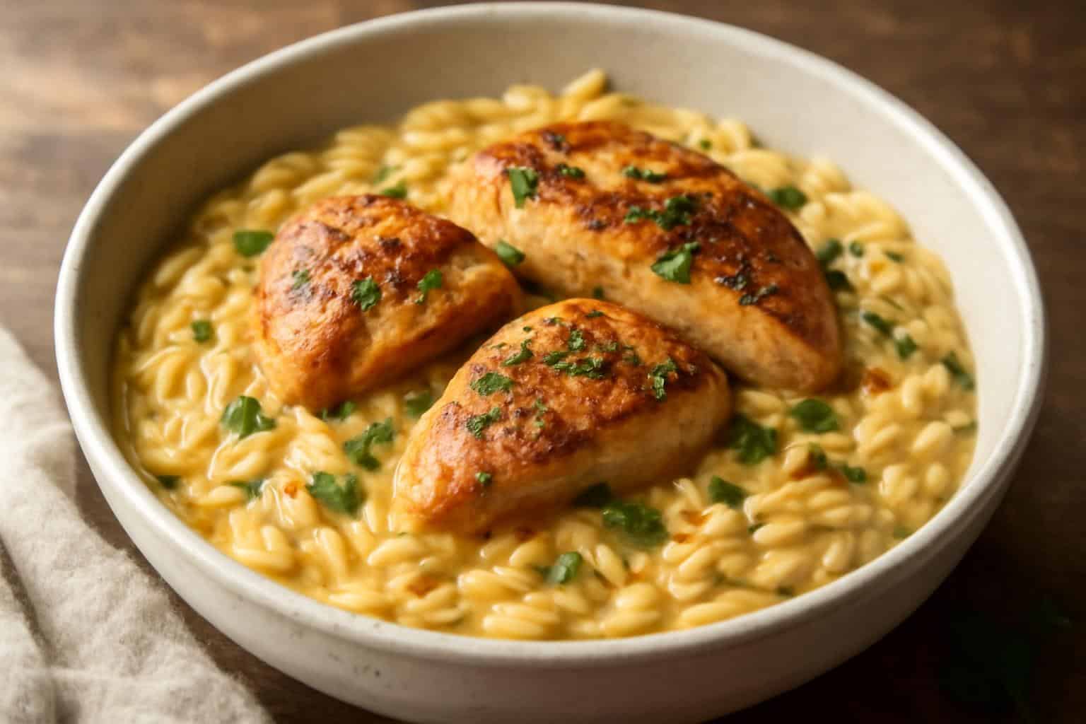 Creamy cajun chicken alfredo orzo in a rustic bowl garnished with parsley and red pepper flakes