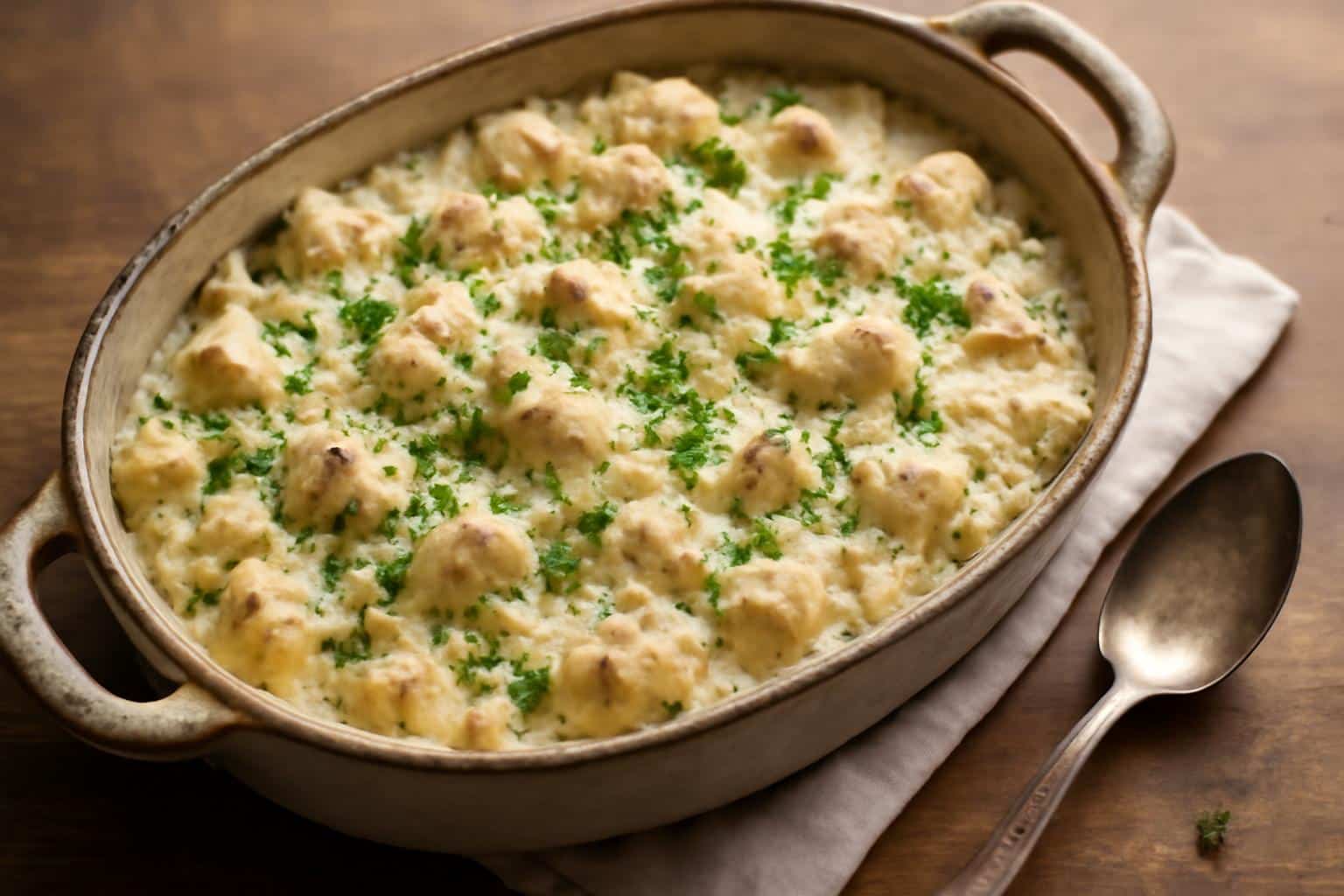 One-pot creamy chicken alfredo rice casserole garnished with parsley and Parmesan cheese