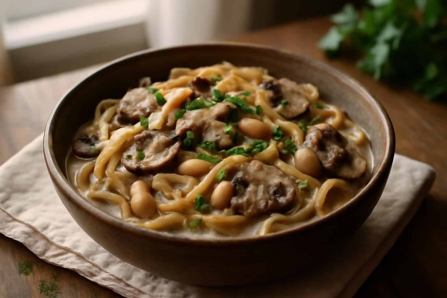 One-pot mushroom and white bean pasta served in a rustic bowl garnished with fresh parsley