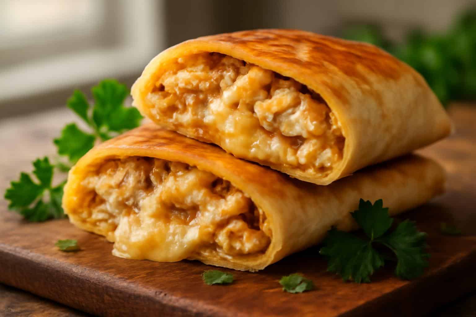 Plate of cheesy garlic chicken wraps with melted cheese and herbs, showcasing cheesy garlic chicken wraps