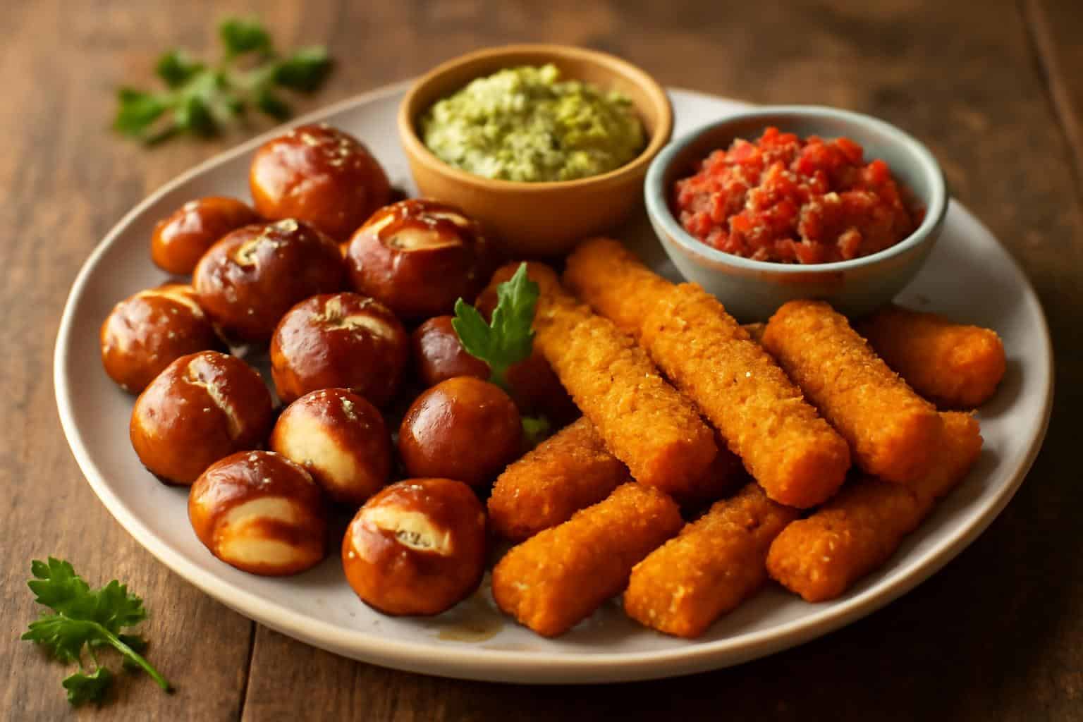 Plate of golden baked party snacks including stuffed pretzel bites and cheese sticks with colorful dips
