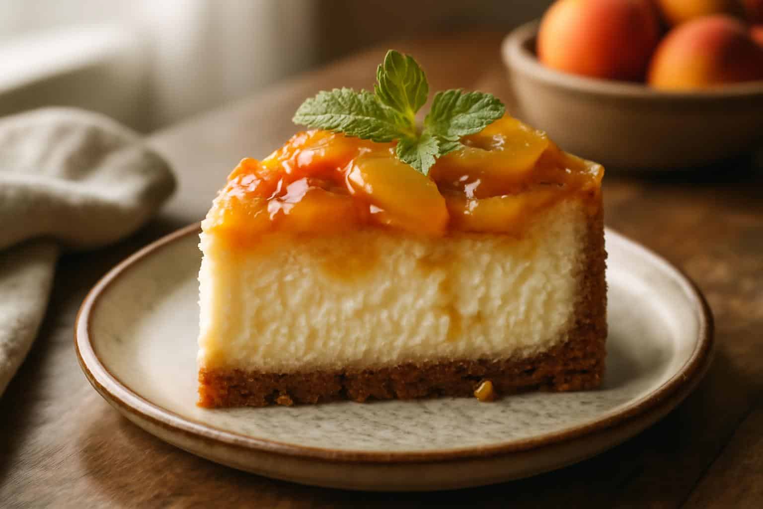 Slice of peach cobbler cheesecake with caramelized peaches and mint garnish in soft natural light
