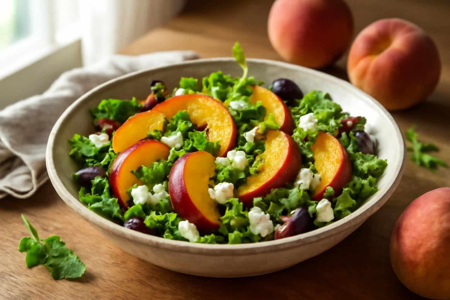 Fresh peach feta salad with juicy peach slices and crumbled feta on greens