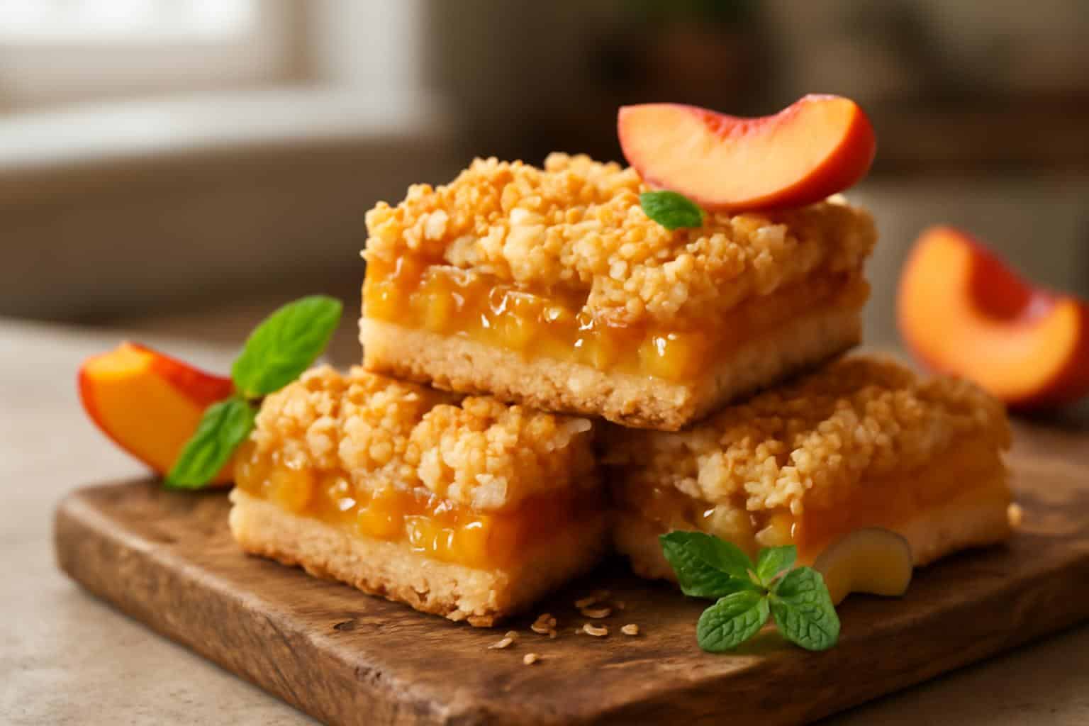 Golden peach pie crumble bars with juicy peach filling and buttery crumble topping