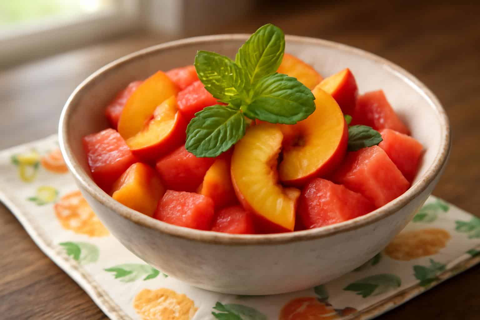 Fresh peach watermelon salad with mint leaves in a rustic bowl, peach watermelon salad vibrant colors