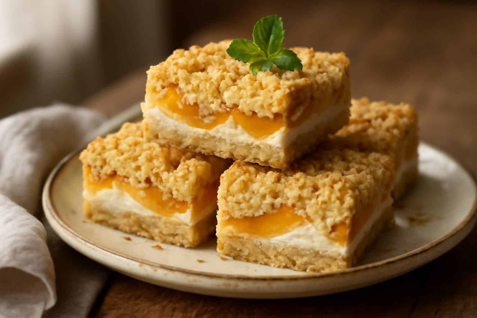 Freshly baked peaches and cream crumble bars with golden topping and juicy peach slices
