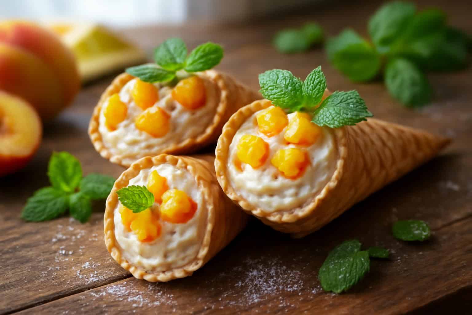 Peachy dream cheesecake cones filled with creamy cheesecake and fresh peaches in waffle cones