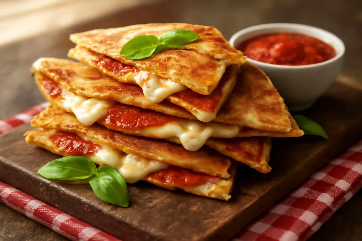 Golden brown pepperoni pizzadillas with melted cheese and fresh basil garnish on wooden board