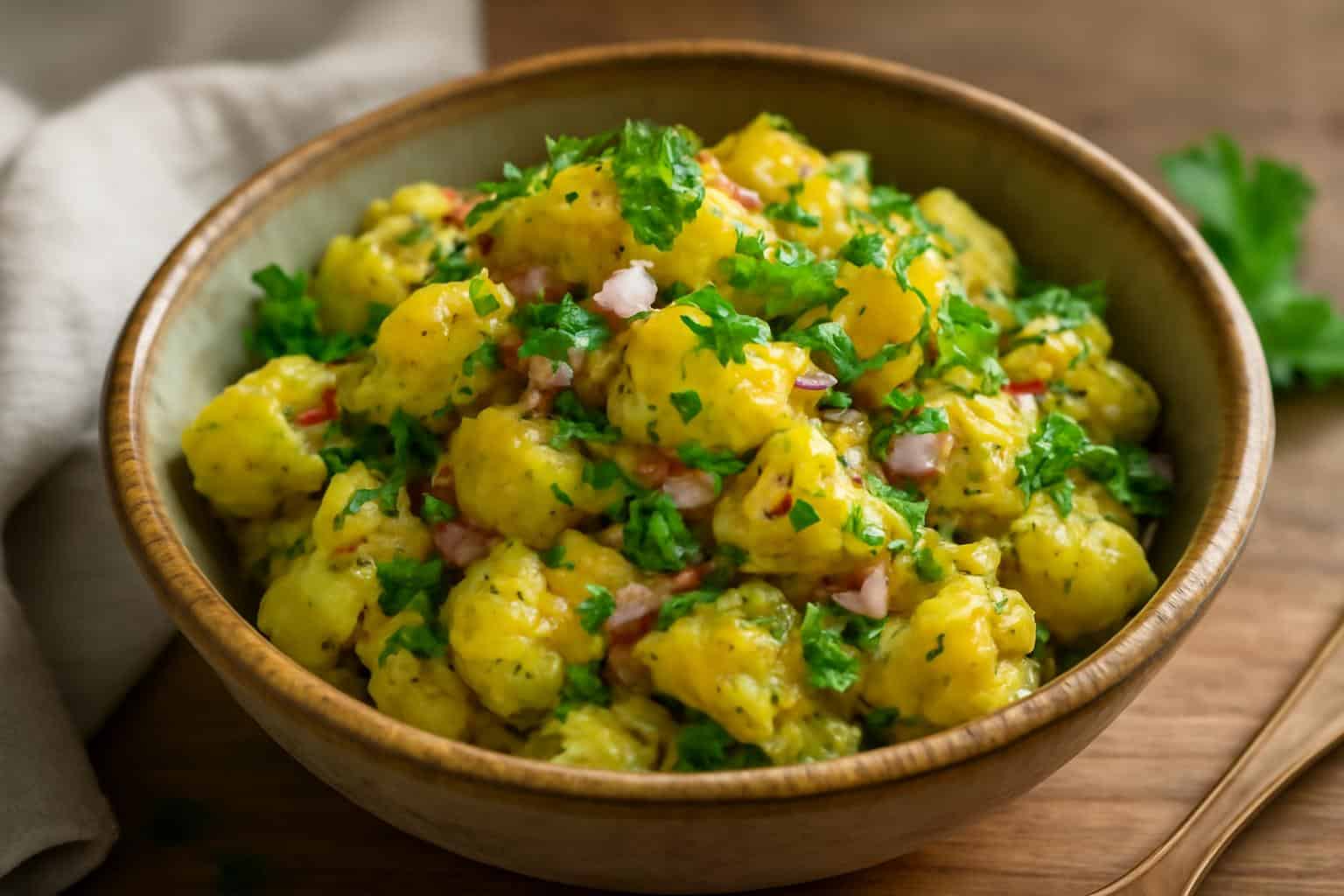 Perfect crushed potato salad with herbs and mustard vinaigrette in rustic bowl