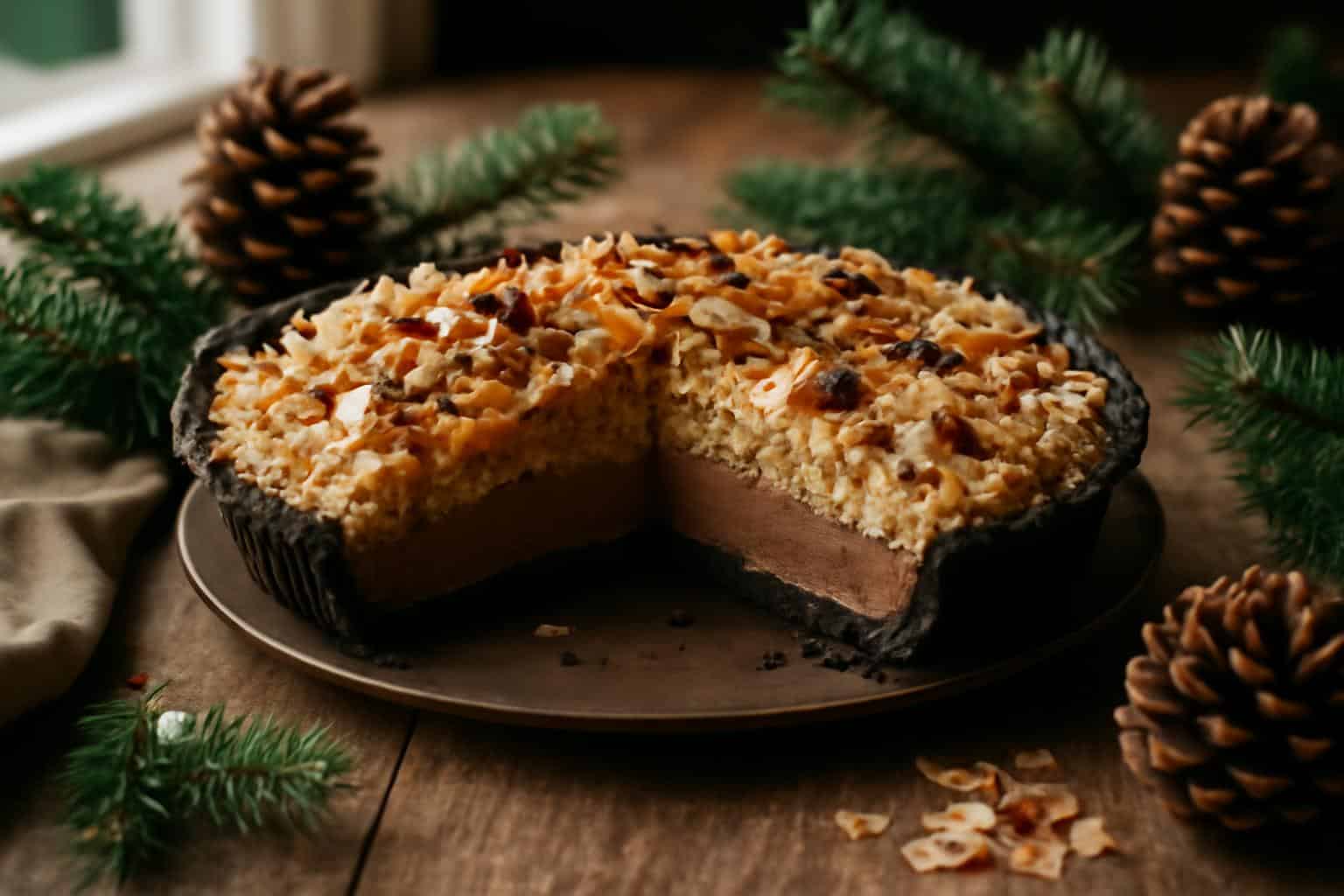 No-bake german chocolate pie slice topped with toasted coconut and chocolate shavings