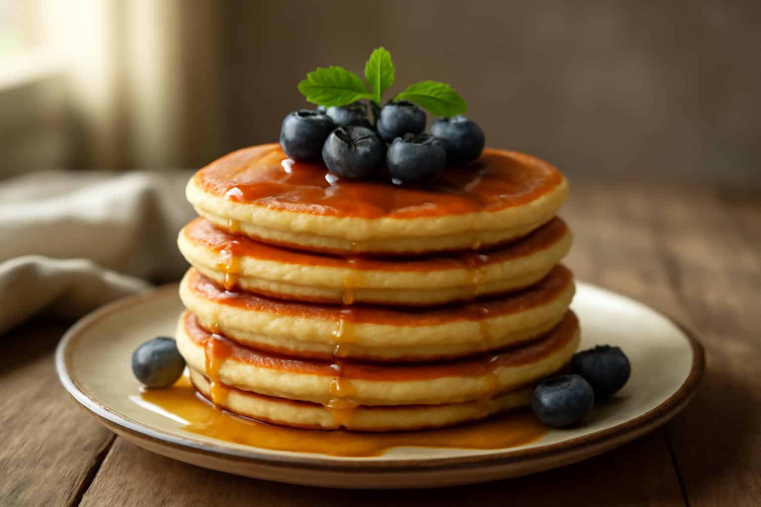 Stack of fluffy golden pancakes made with the perfect pancake formula topped with syrup and fresh blueberries