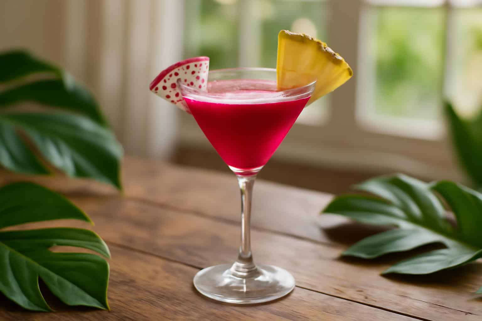 Pineapple dragon fruit lemonade martini cocktail garnished with fresh fruit on rustic table