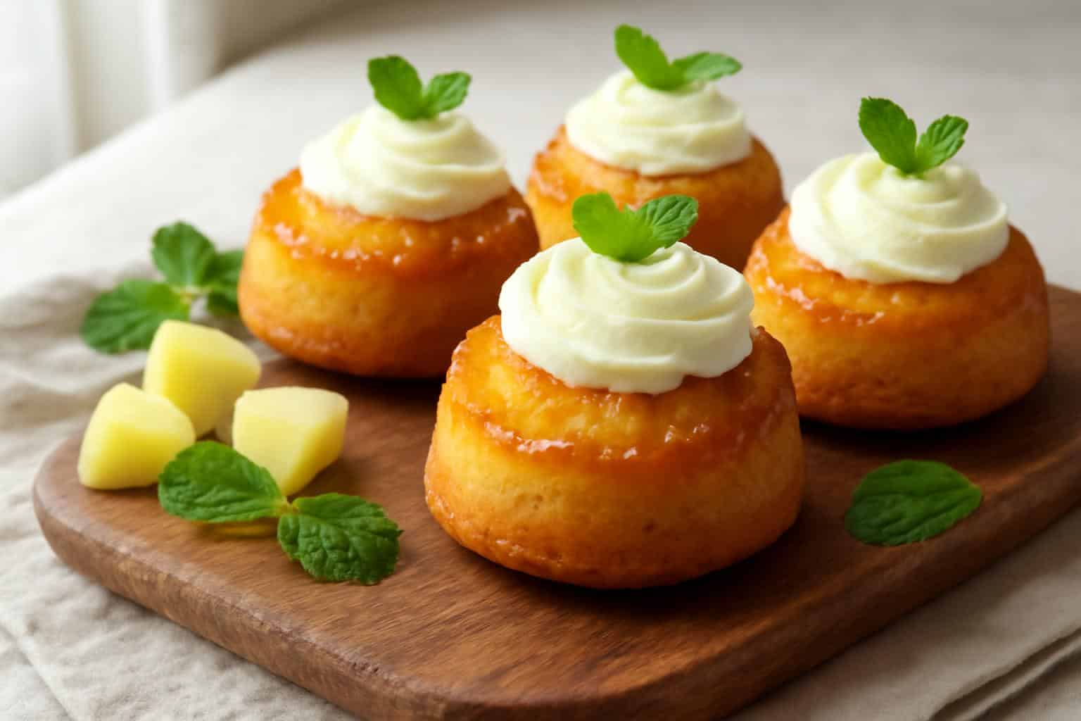 pineapple mascarpone upside-down mini cakes with caramelized pineapple topping and creamy frosting
