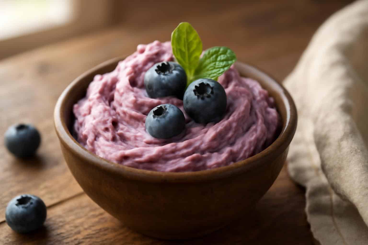 Fluffy whipped blueberry butter in a rustic bowl garnished with fresh blueberries and mint