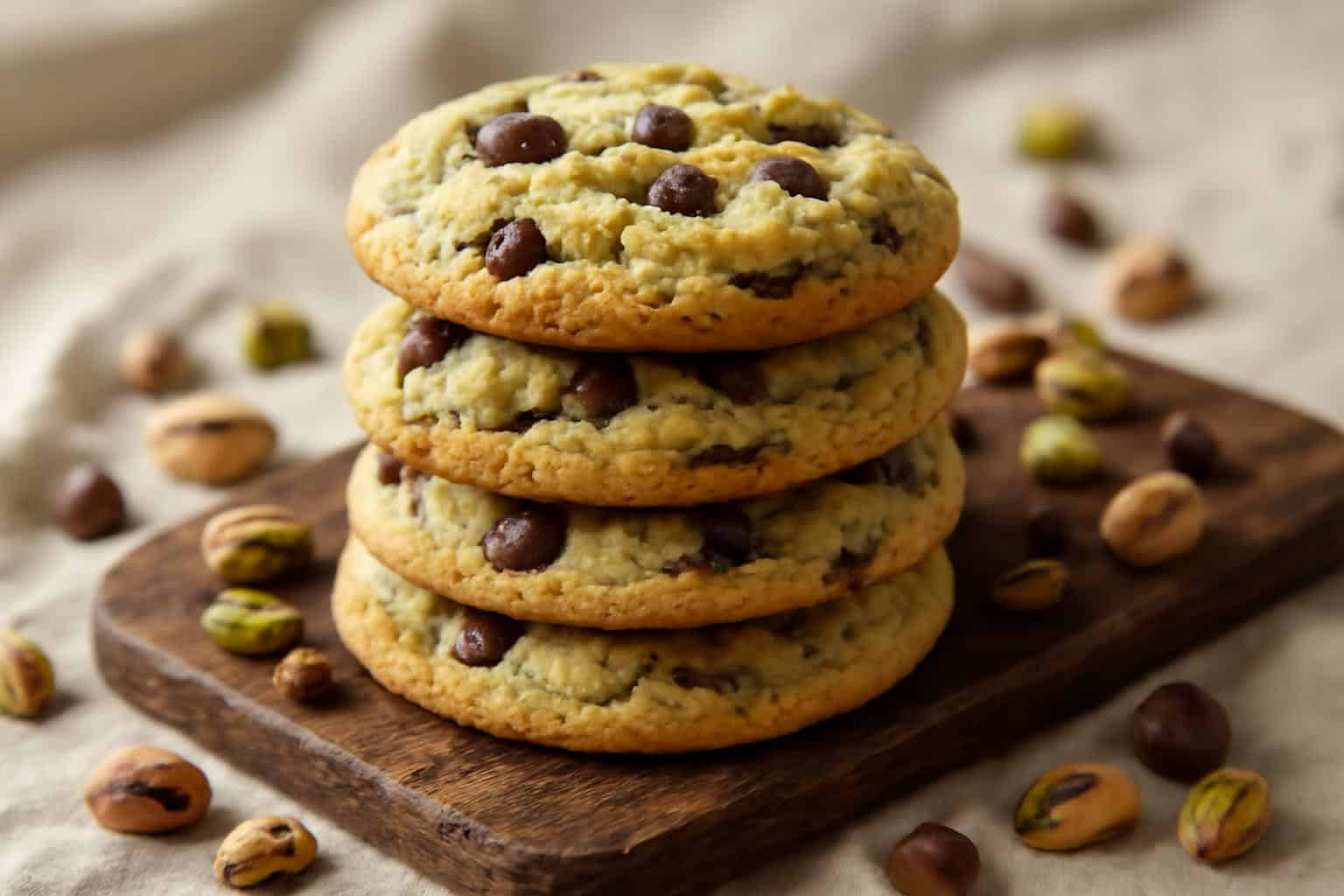 Freshly baked pistachio cream cookies with chocolate chips on rustic board, natural light