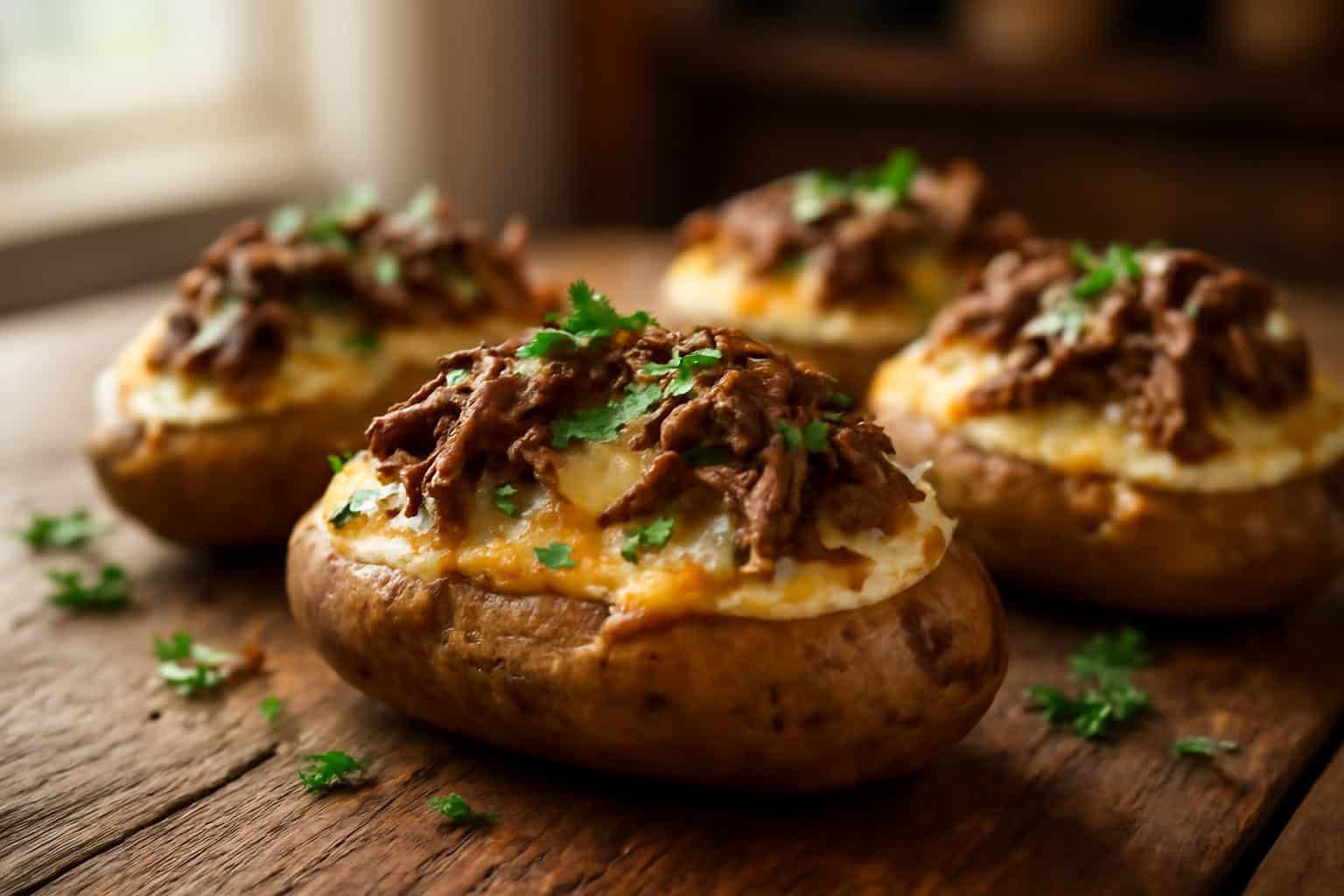 Pot roast twice baked potatoes with melted cheese and fresh parsley garnish