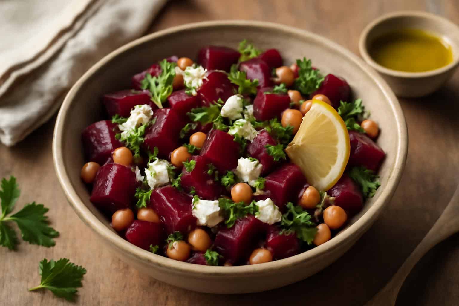 Protein-packed chickpea beet salad with feta cheese garnished with parsley and lemon wedge