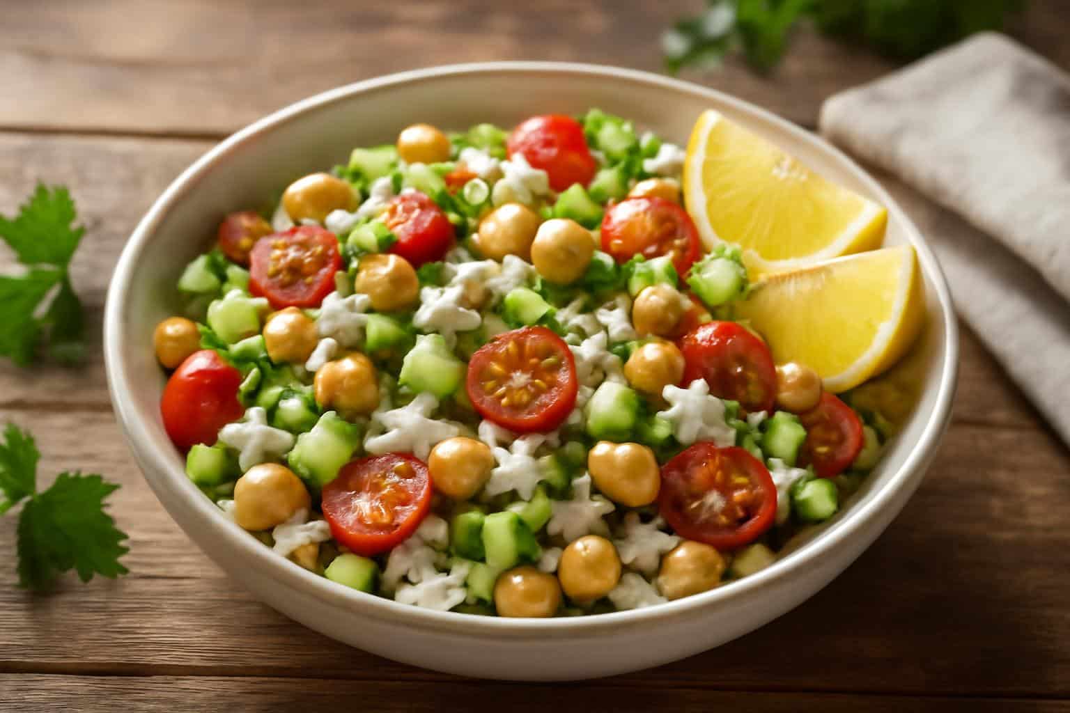 Protein-packed cottage cheese salad with chickpeas, cucumbers, and herbs in a rustic bowl