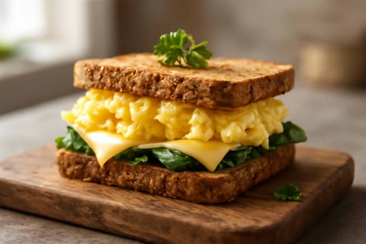 Protein-packed egg sandwiches with melted cheese and fresh spinach on toasted bread