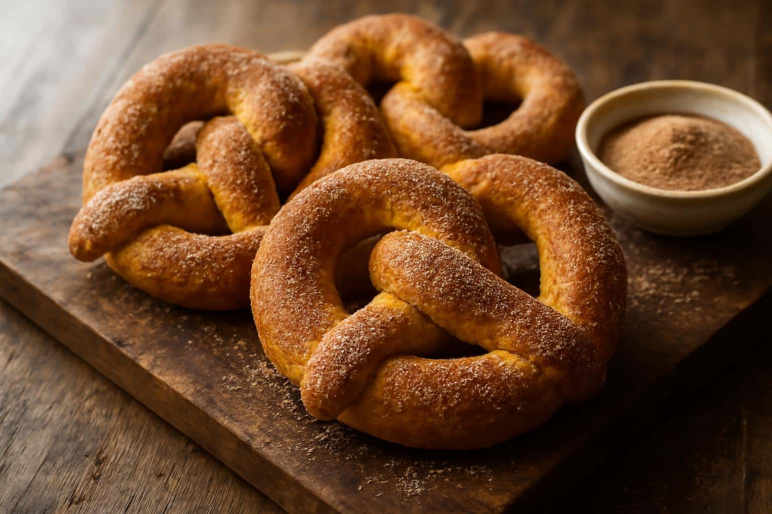 Freshly baked pumpkin spice pretzels coated in cinnamon sugar on rustic board