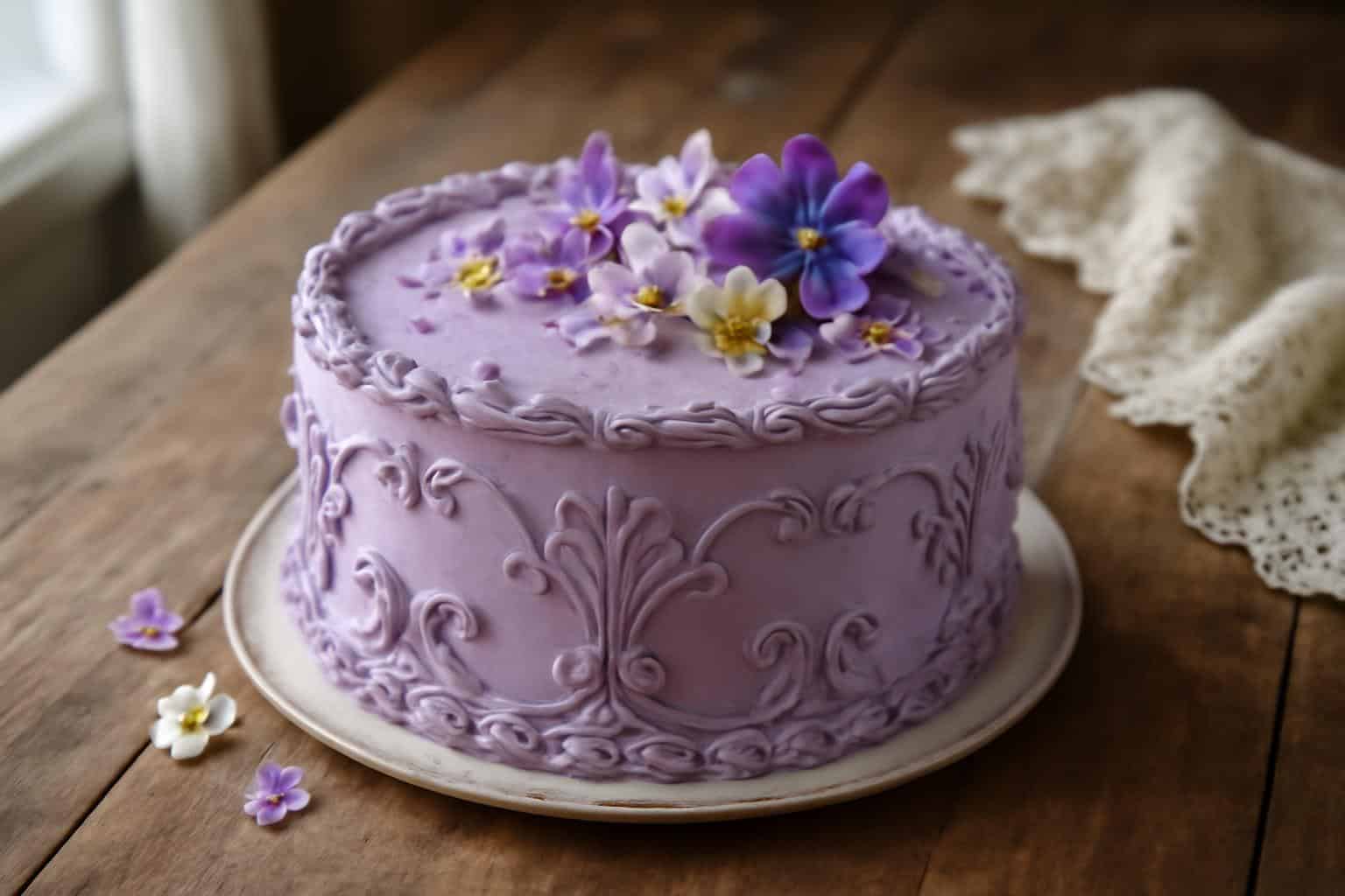 Purple vintage floral cake with ornate scroll piping on rustic table, vintage floral cake
