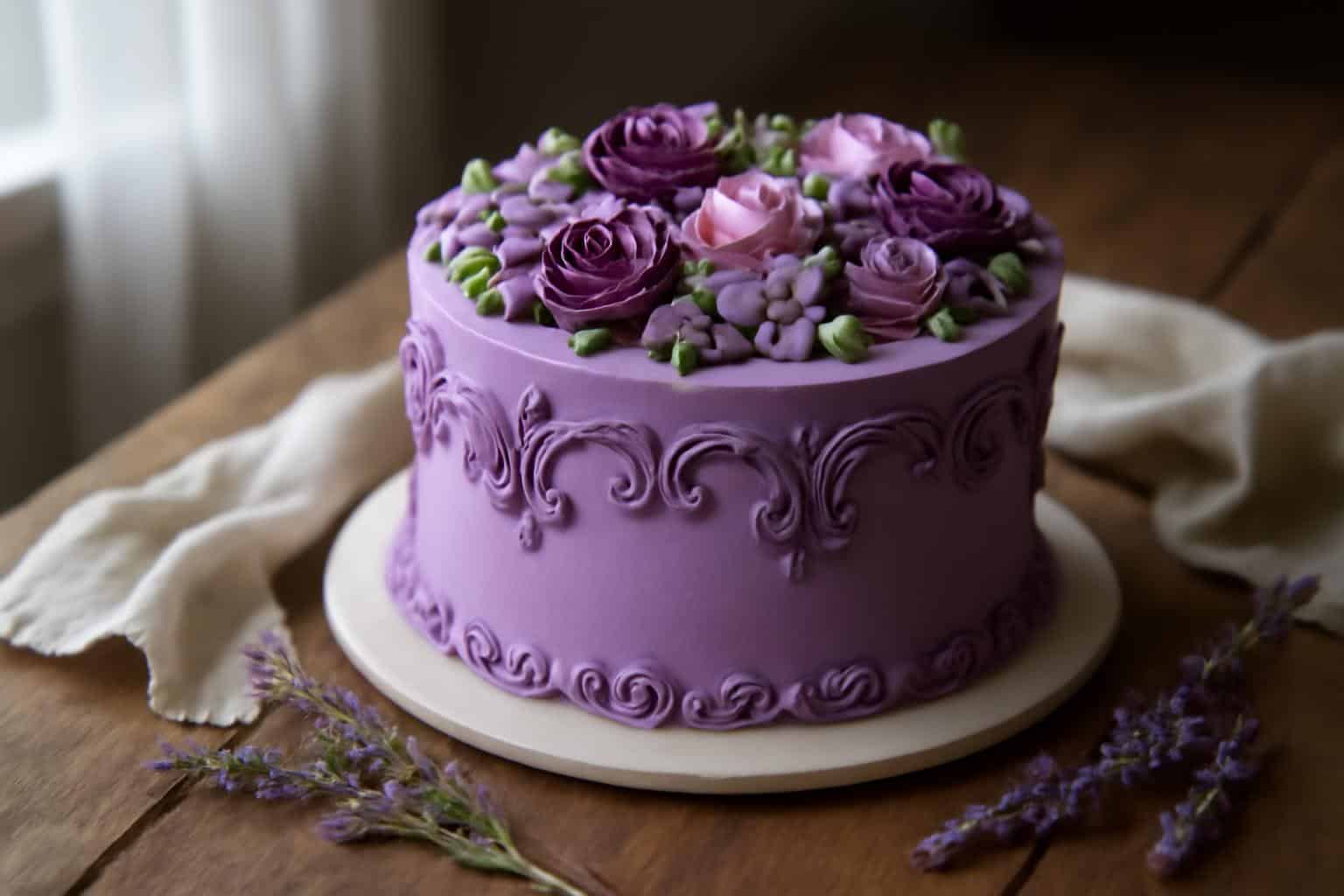 Purple vintage cake with ornate scroll piping on rustic wooden table