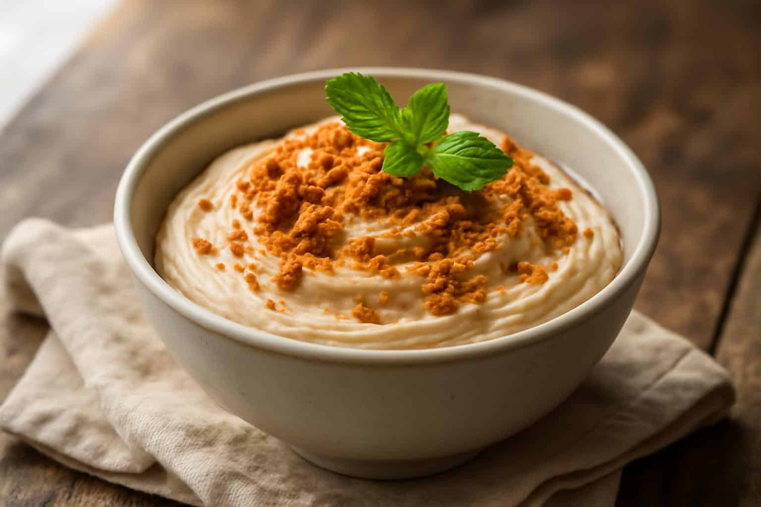 Quick and creamy biscoff mousse dessert in a bowl with cookie garnish