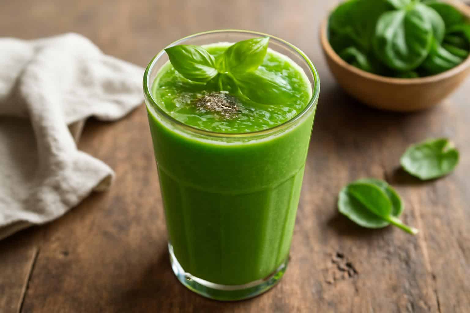 A creamy green goddess smoothie in a tall glass garnished with basil leaves and chia seeds