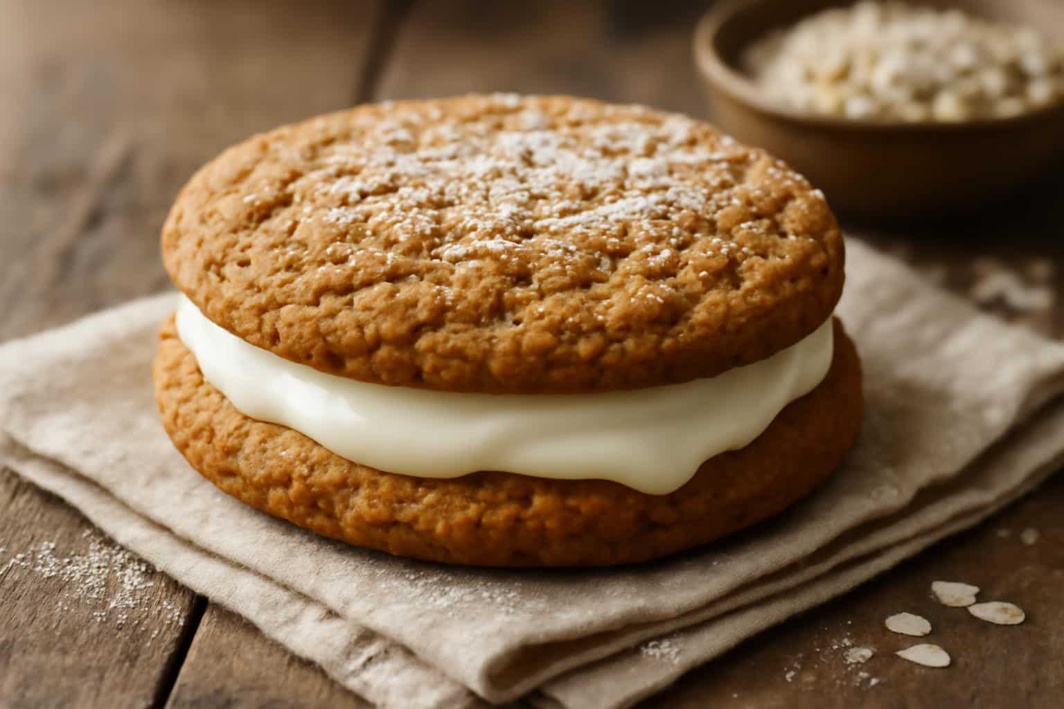 Quick and creamy oatmeal cream pie with soft filling and powdered sugar topping