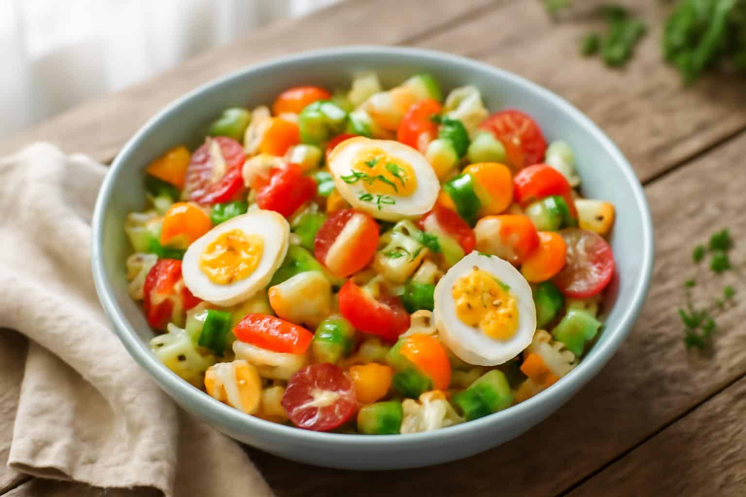 Surimi pasta salad with hard-boiled eggs and fresh herbs in a rustic bowl, fresh and colorful