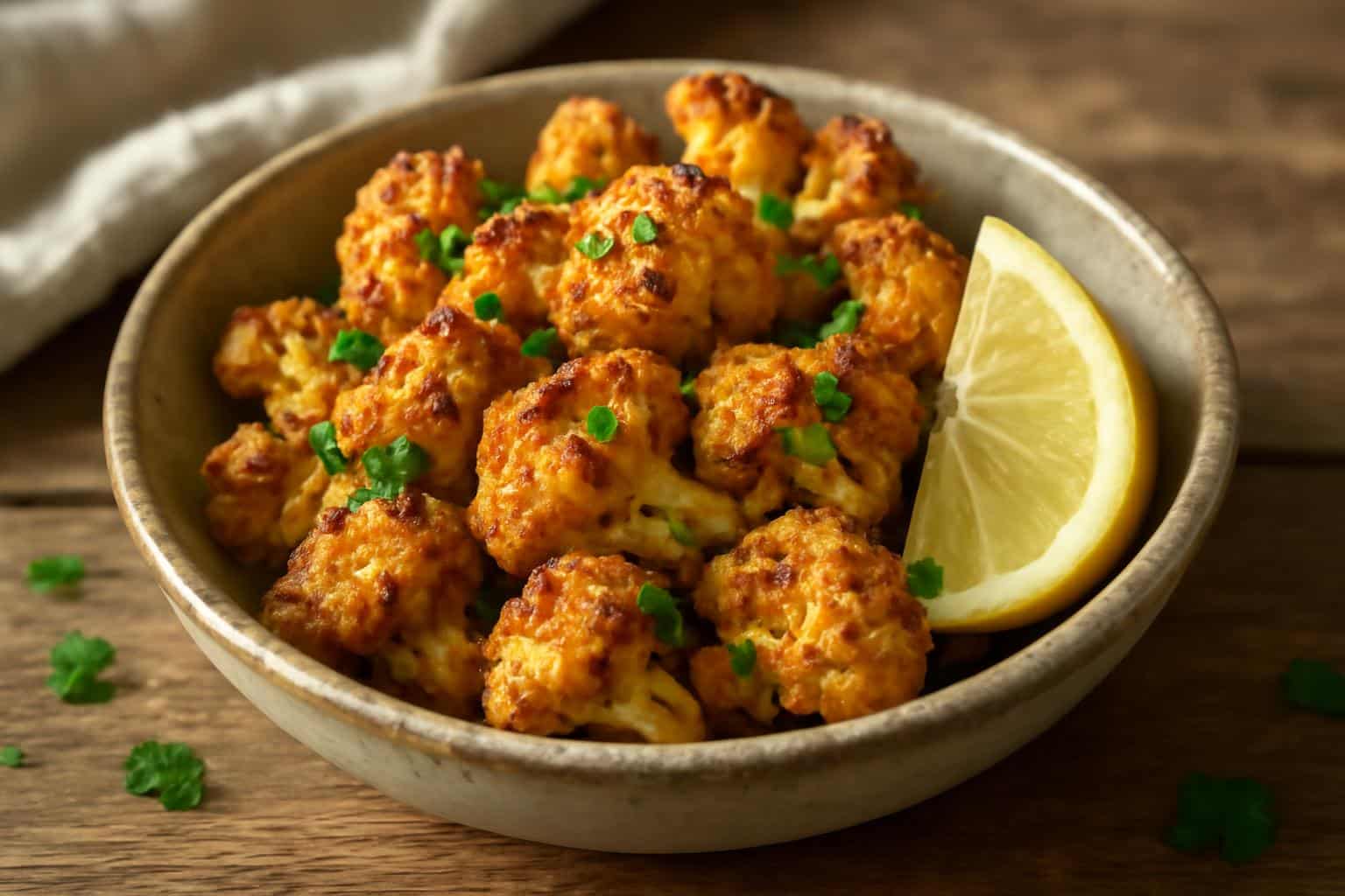 Crispy air fryer cauliflower florets garnished with parsley and lemon wedge on rustic bowl