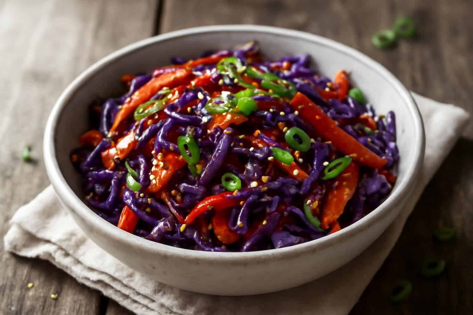 Quick and easy cabbage stir fry served in a ceramic bowl garnished with green onions and sesame seeds