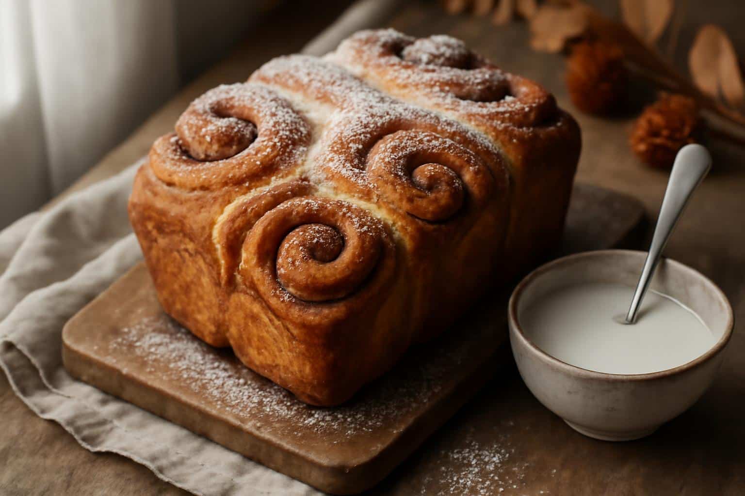 Freshly baked cinnamon roll bread with gooey cinnamon swirls and powdered sugar, perfect cinnamon roll bread breakfast