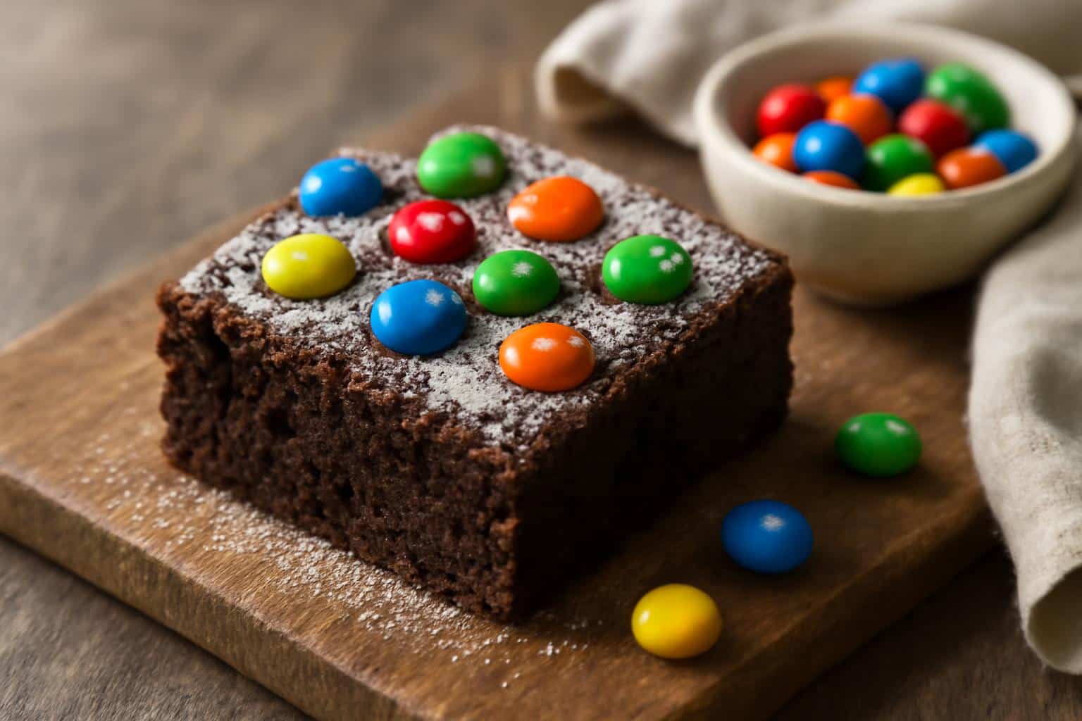 A close-up of fudgy mnm brownies topped with colorful candy pieces on a rustic wooden board