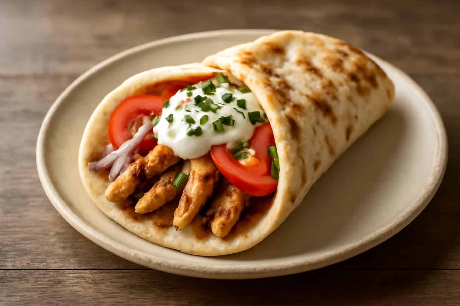 Delicious homemade Greek chicken gyros with grilled chicken, pita, and fresh toppings