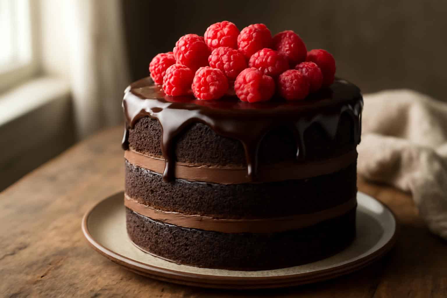 Delicious chocolate raspberry cake with fresh raspberries and chocolate glaze on top, chocolate raspberry cake dessert