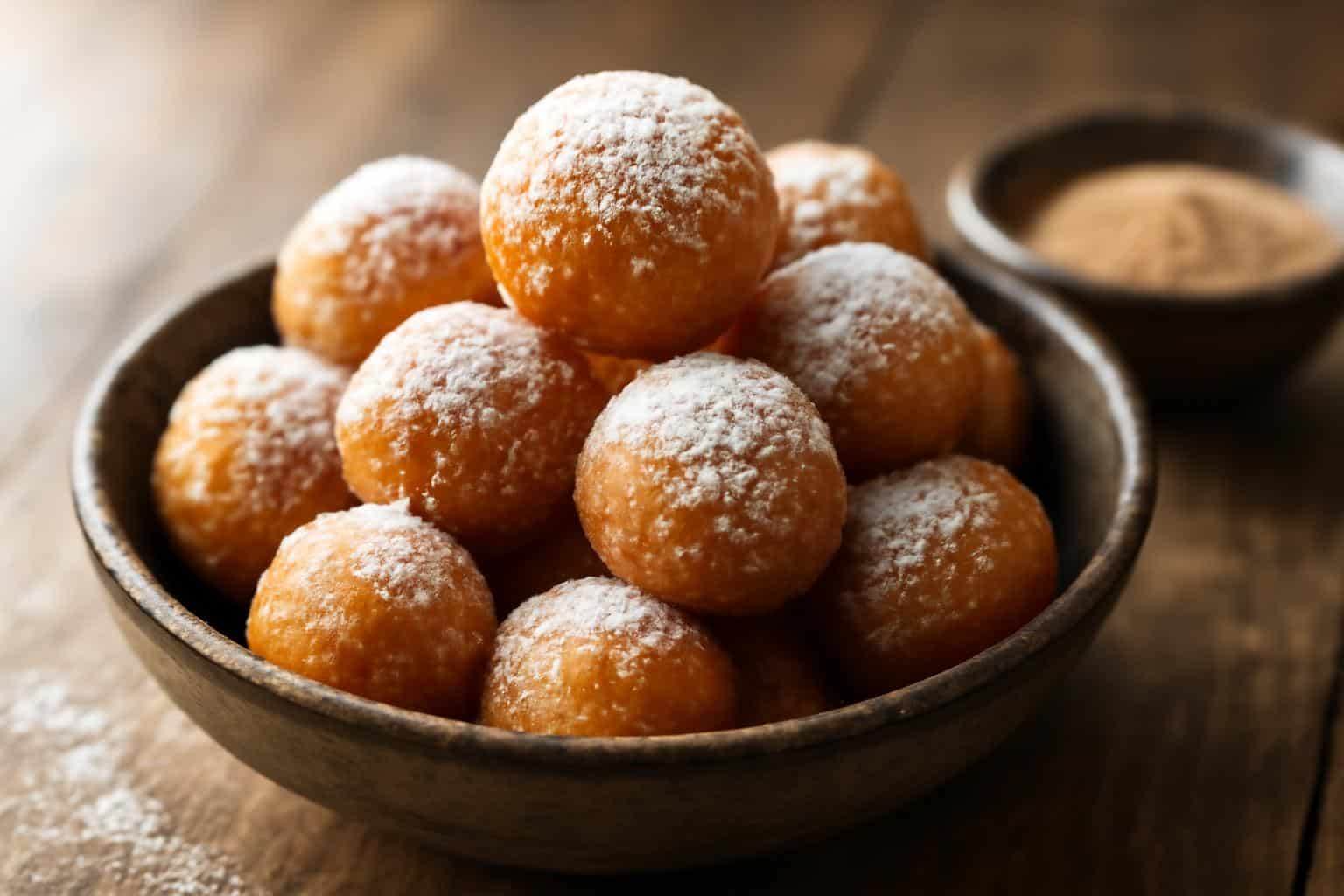 crispy golden homemade donut holes with powdered sugar and cinnamon sugar dip