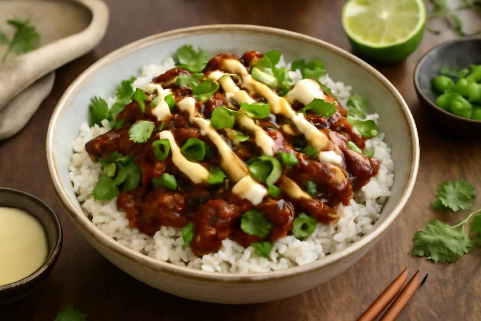 Honey soy beef rice bowl with creamy ginger lime drizzle and fresh garnishes