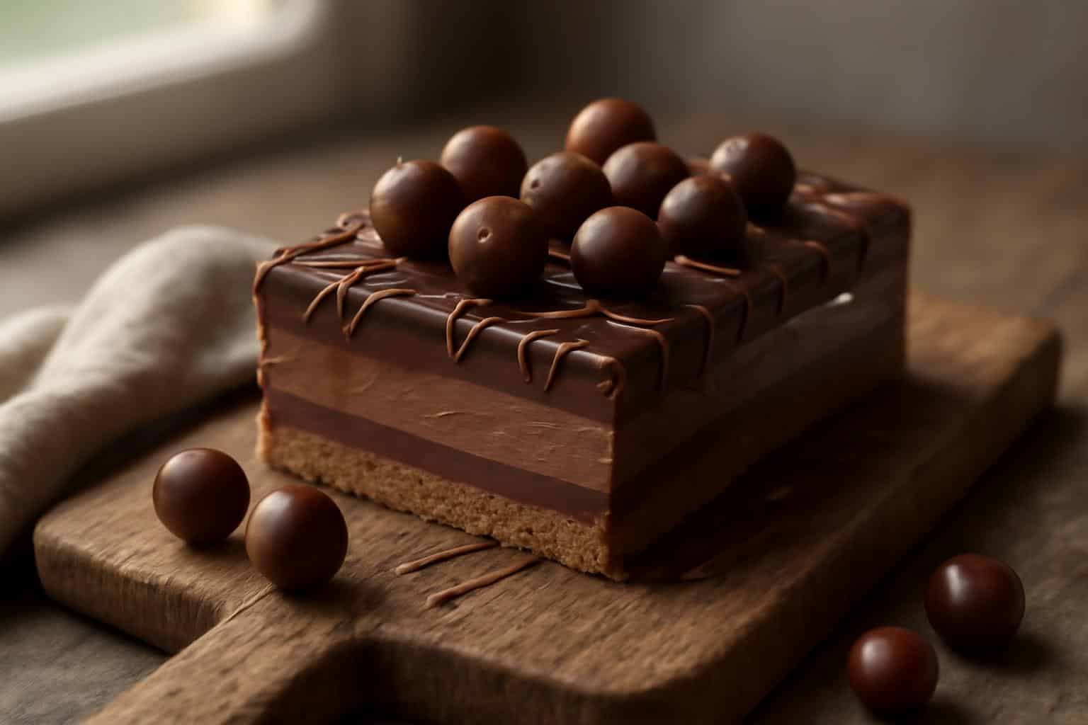 creamy and crispy malteser slice dessert with malt balls on top