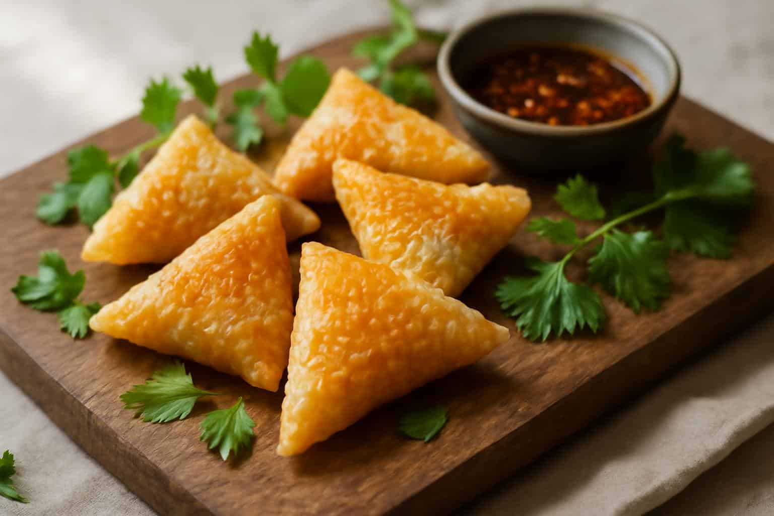 Golden crispy rice paper dumplings on a rustic board with dipping sauce, showcasing rice paper dumplings