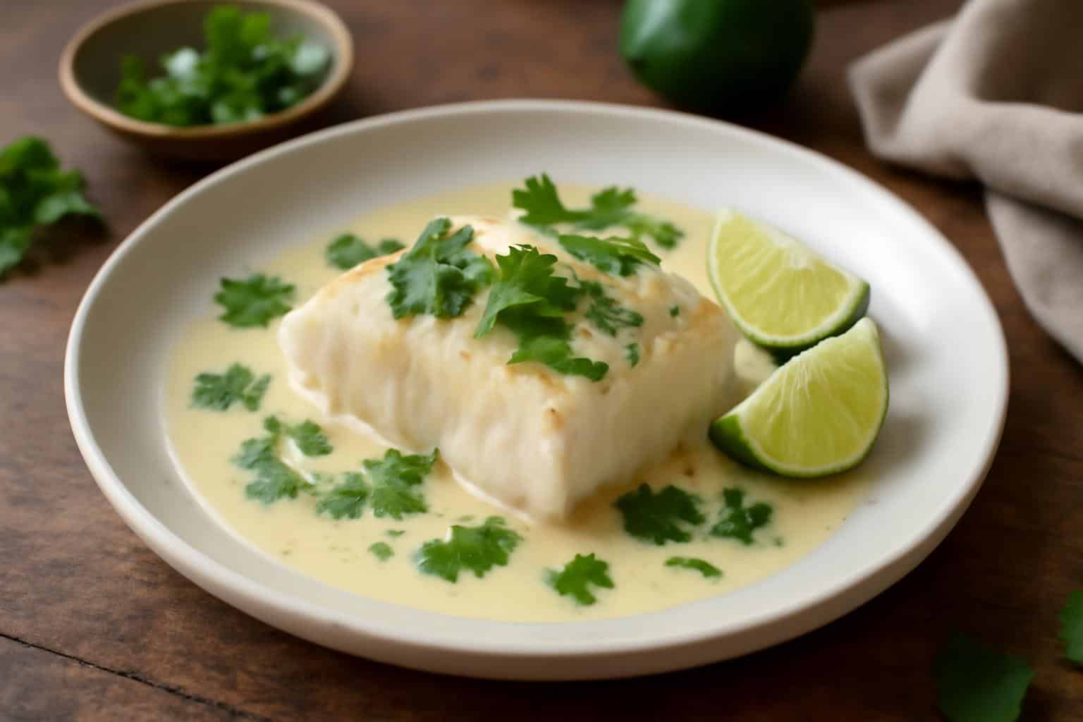 Thai coconut lime cod served on white plate with cilantro and lime wedges, showcasing thai coconut lime cod