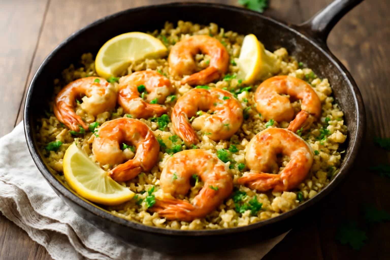 One-pan garlic shrimp and rice garnished with parsley and lemon wedges in skillet