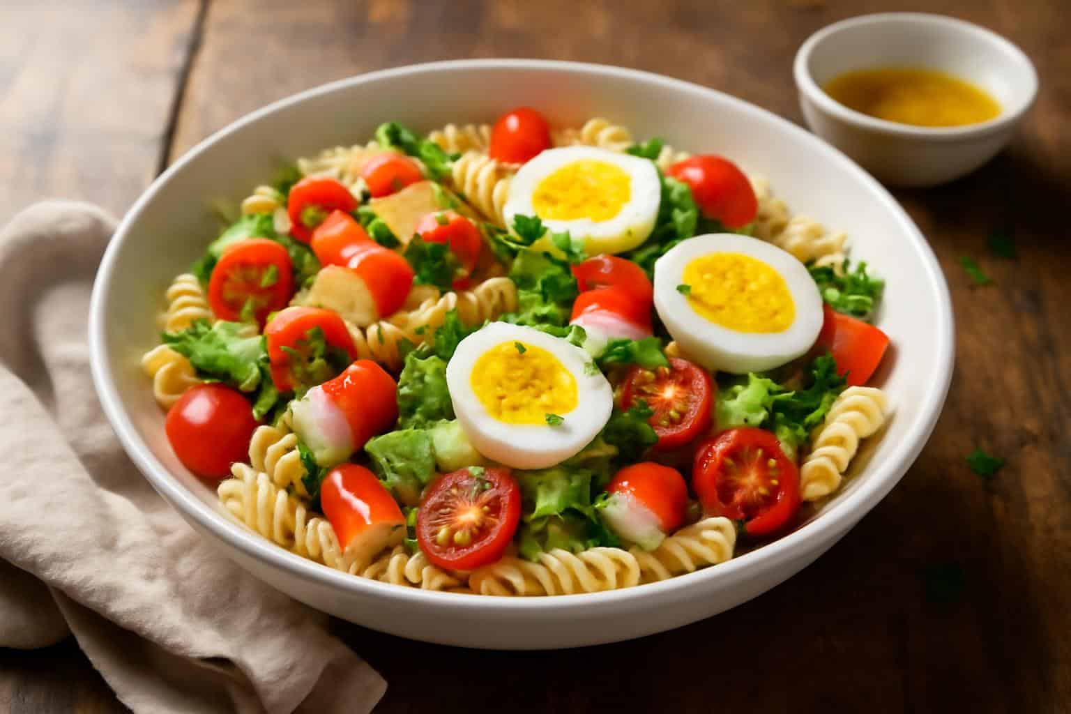 Fresh surimi pasta salad with hard eggs garnished with parsley on rustic table