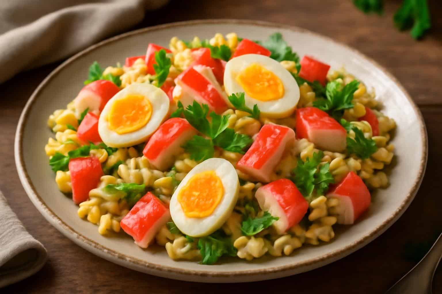 Surimi pasta salad with hard-boiled eggs garnished with fresh herbs in natural soft window light