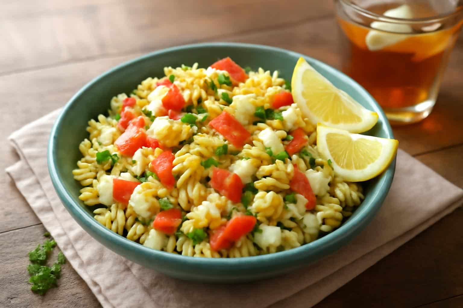 Surimi pasta salad with hard-boiled eggs in a bowl, fresh and colorful, perfect surimi pasta salad