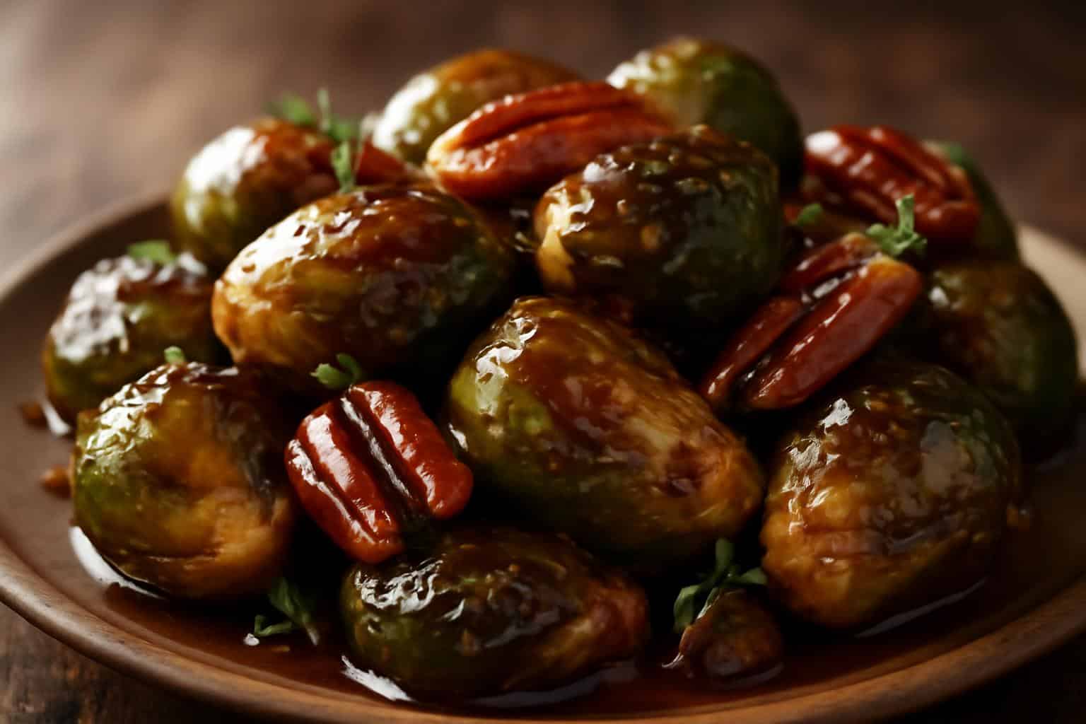 Quick sticky Brussels sprouts glaze with toasted pecans and thyme garnish