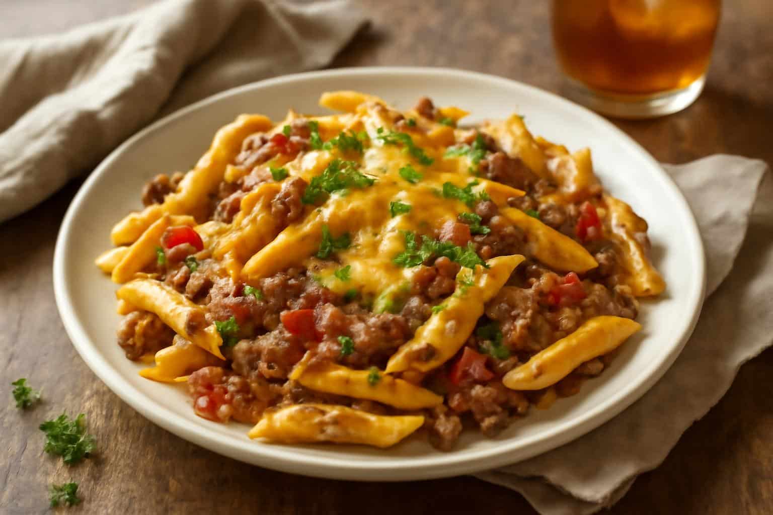 Quick and tasty cowboy penne pasta with ground beef and melted cheese on a rustic wooden table