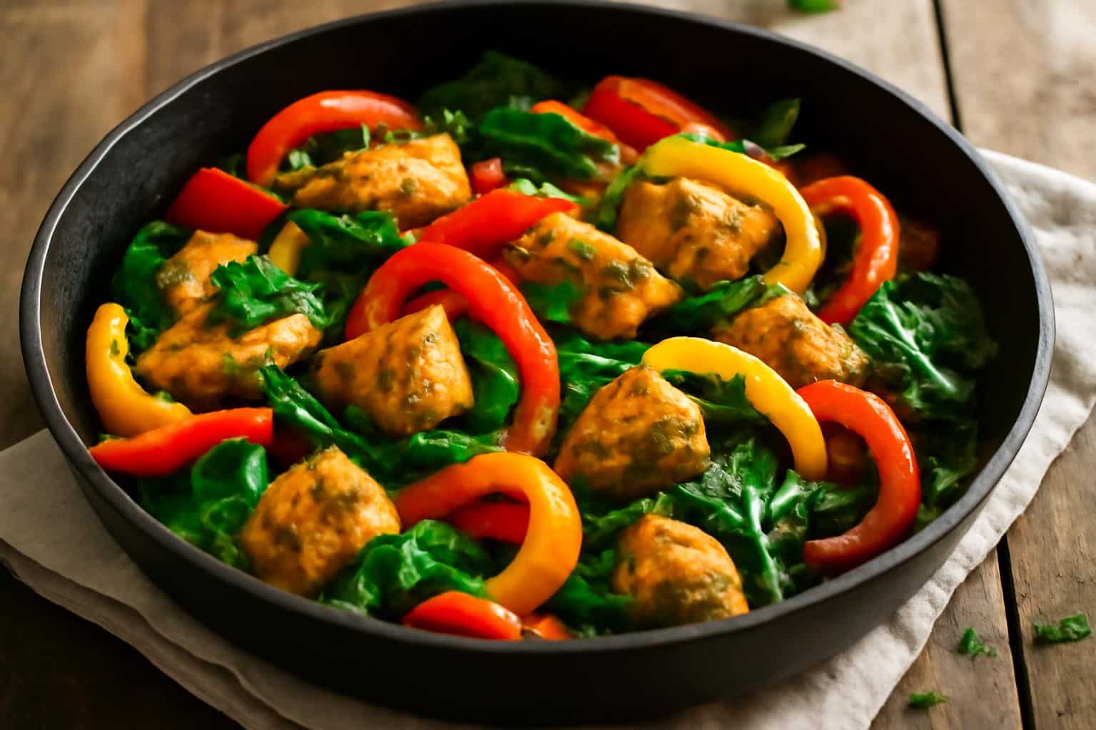 Quick tasty dinner on a plate with sautéed chicken, colorful veggies, and fresh herbs garnish